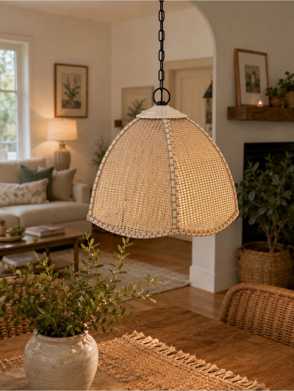 Vintage danish mid century modern wicker woven hanging lamp glove w/ pull chain